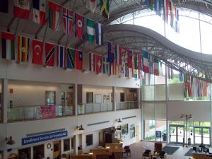 The flags inside The Students First building